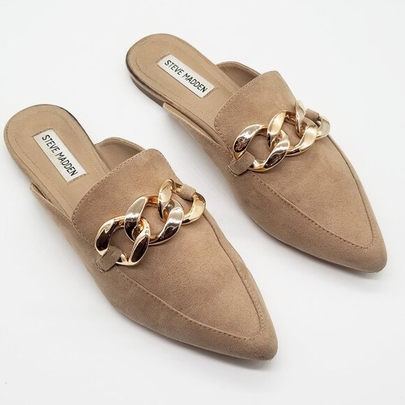 Steve Madden Finely Tan Beige Pointed Toe Gold Chunky Chain Slip On Mules  9.5 - Picture 1 of 15